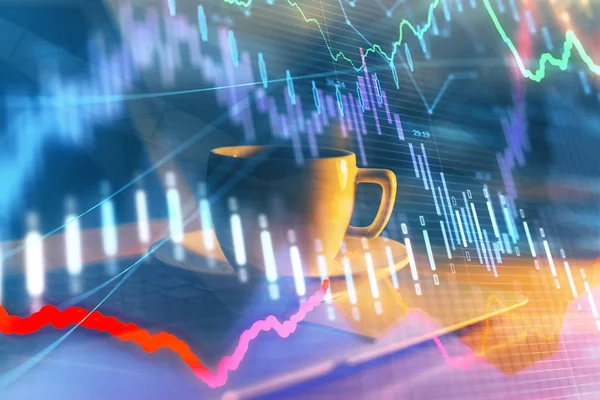 Grafico del mercato azionario ologramma disegnato su sfondo personal computer. Doppia esposizione. Concetto di investimento. — Foto Stock