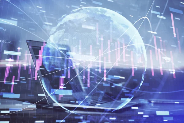 Financial market graph hologram and personal computer on background. Double exposure. Concept of forex. — Stock Photo, Image