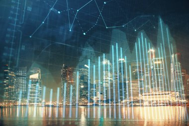 Yüksek binalar arka plan çok pozlama ile şehir scape mali grafik. Analiz kavramı.