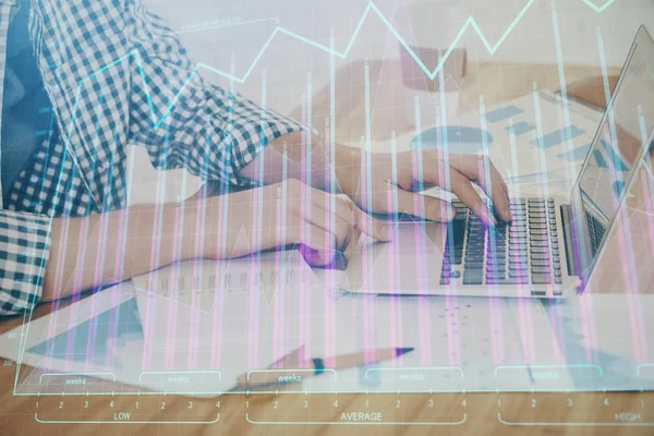 Multi exposure of stock market chart with man working on computer on background. Concept of financial analysis. — Stock Photo, Image