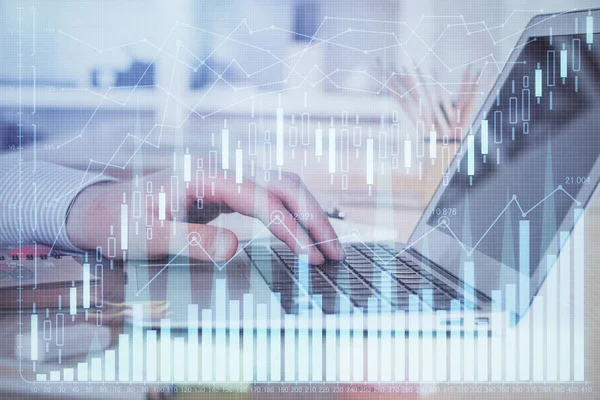 Double exposure of stock market graph with man working on laptop on background. Concept of financial analysis. — Stock Photo, Image