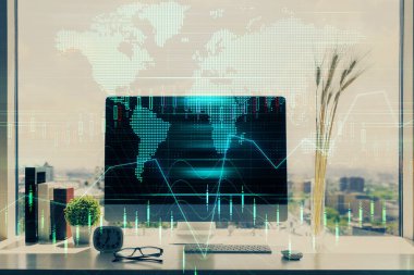 Forx grafiği ve bilgisayarla çalışma alanı çoklu pozlama. Uluslararası çevrimiçi ticaret kavramı.