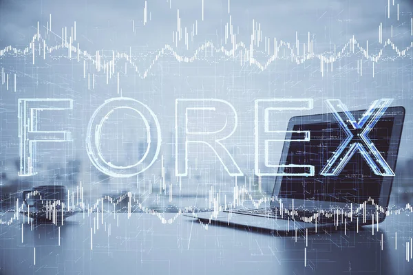 Doble exposición de gráfico e información financiera y espacio de trabajo con fondo informático. Concepto de comercio internacional en línea. — Foto de Stock