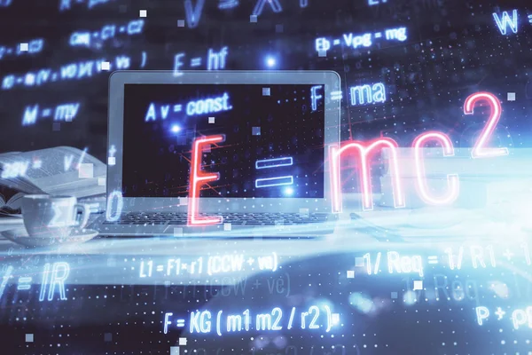 Desktop computer background and formula hologram writing. Double exposure. Education concept. — Stock Photo, Image