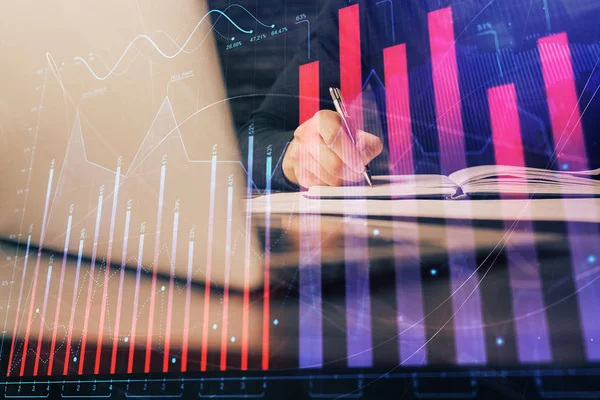 Double exposure of businessman with laptop and stock market forex chart. — Stock Photo, Image