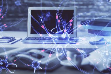 Masaüstü bilgisayar arkaplanı ve nöron çizimi. Çifte maruziyet. Eğitim kavramı.