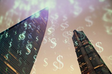 Yüksek binaların arka planında çoklu pozlama olan eski şehir haritası. Finansal araştırma kavramı.