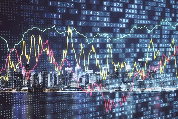 Yüksek binalar arka plan çok pozlama ile gece şehir scape mali grafik. Analiz kavramı. — Stok fotoğraf