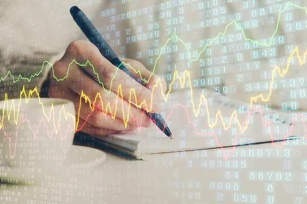 Forex chart displayed on womans hand taking notes background. Concept of research. Double exposure