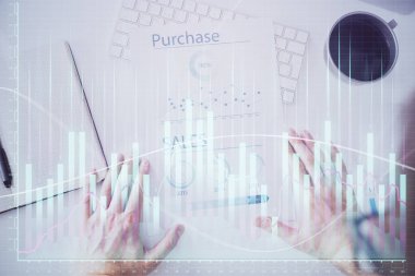 FOREX çizelgesi çalışma tablosu arkaplanı ile çoklu pozlama.