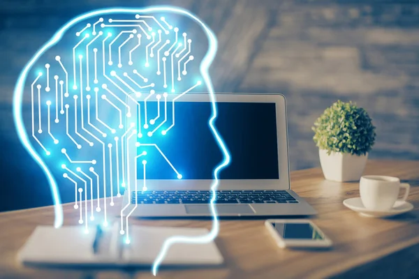 Dubbel exponering av arbetsbord med dator och hjärna skiss hologram. Brainstorming-konceptet. — Stockfoto