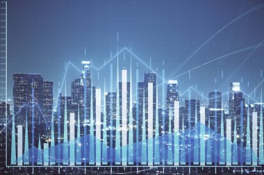 Yüksek binaların arka planında çoklu pozlama olan eski şehir haritası. Finansal araştırma kavramı.