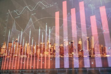 Yüksek binalar arka plan çift pozlama ile gece şehir scape mali grafik. Analiz kavramı.