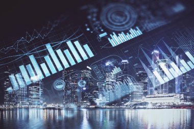 Yüksek binalar arka plan çok pozlama ile şehir scape mali grafik. Analiz kavramı.