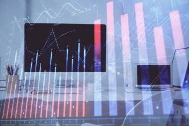 Bilgisayar geçmişi olan eski grafik hologramı. Çoklu maruz kalma. Finans piyasası kavramı.