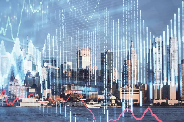 Forex γράφημα σε θέα στην πόλη με ουρανοξύστες φόντο διπλή έκθεση. Έννοια χρηματοοικονομικής ανάλυσης. — Φωτογραφία Αρχείου