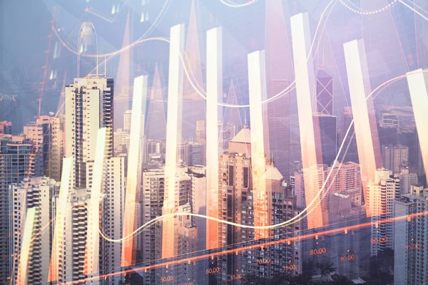 Форекс-графік з видом на місто з багатофункціональним фоном хмарочосів. Концепція фінансового аналізу . — стокове фото