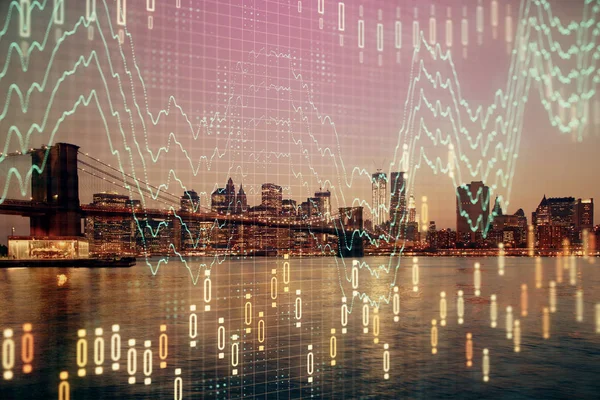 Financial graph on night city scape with tall buildings background double exposure. Analysis concept.