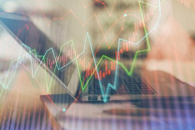 Bilgisayar geçmişi olan eski grafik hologramı. Çifte maruziyet. Finans piyasası kavramı.