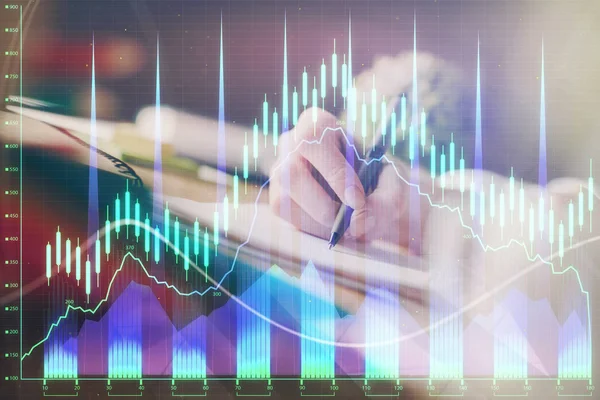 Finansal Forex grafik eller notları arka plan alarak görüntülenir. Araştırma kavramı. Çoklu pozlama