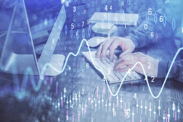 Double exposure of financial graph with man works in office on background. Concept of analysis. — Stock Photo, Image