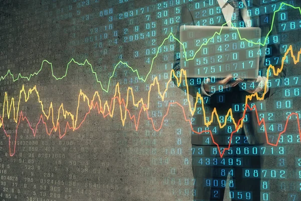 Gráfico de Forex con hombre de negocios que trabaja en el ordenador portátil en segundo plano. Concepto de trabajador. Exposición múltiple . — Foto de Stock