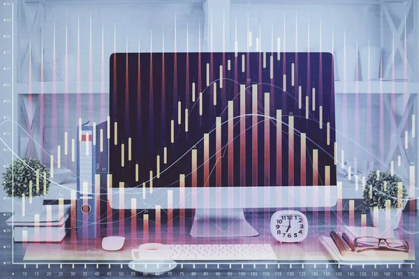 Holograma gráfico de Forex en la tabla con el fondo de la computadora. Doble exposición. Concepto de mercados financieros . —  Fotos de Stock