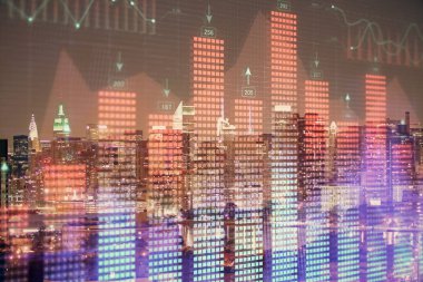 Cityscape arka plan üzerinde forex grafik çizimleri çift pozlama. Başarı kavramı.