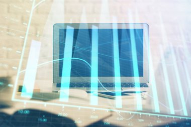 Bilgisayar geçmişi olan eski grafik hologramı. Çoklu maruz kalma. Finans piyasası kavramı.