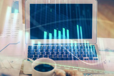 Bilgisayar geçmişi olan eski grafik hologramı. Çoklu maruz kalma. Finans piyasası kavramı.