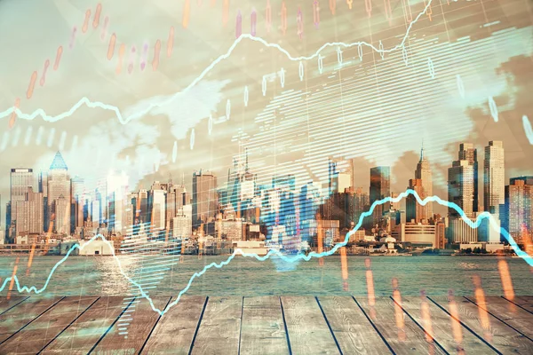 Forex graph on city view with skyscrapers background multi exposure. Financial analysis concept. — Stock Photo, Image