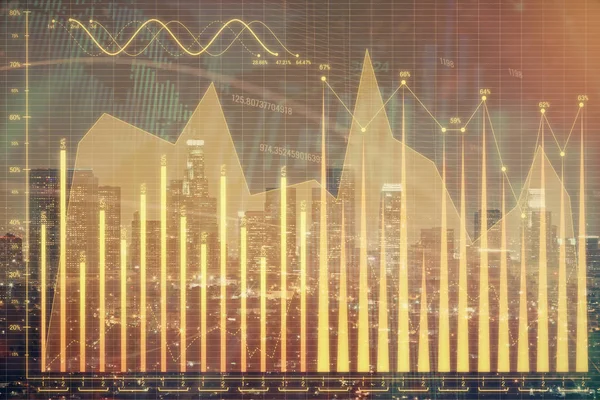 Multi exposure of forex chart drawings over cityscape background. Concept of success. — Stock Photo, Image