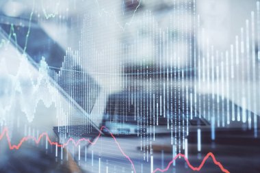 Bilgisayar geçmişi olan eski grafik hologramı. Çifte maruziyet. Finans piyasası kavramı.