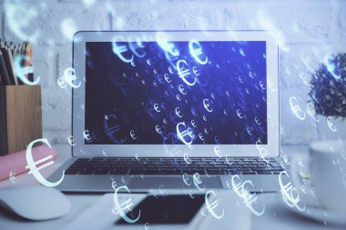 Bilgisayar geçmişi olan eski grafik hologramı. Çifte maruziyet. Finans piyasası kavramı.