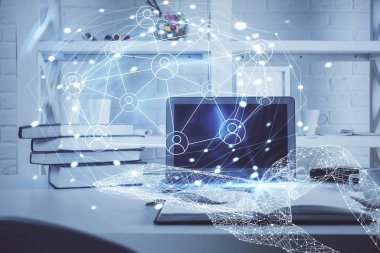 Sosyal ağ tema simgesi olan masaüstü bilgisayarı. Çoklu maruz kalma. Uluslararası bağlantılar kavramı.