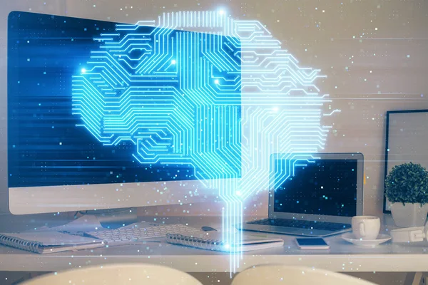Dupla exposição da mesa com computador e holograma cerebral. Conceito de inovação de dados . — Fotografia de Stock