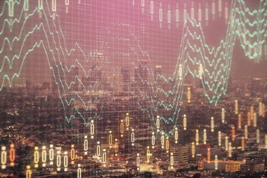 Yüksek binalar arka plan çift pozlama ile gece şehir scape mali grafik. Analiz kavramı.