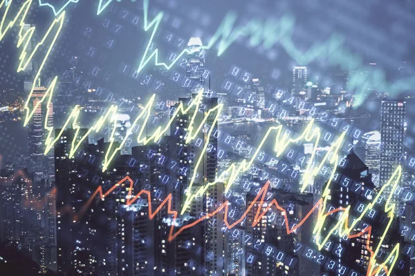 Dubbel exponering av Forex diagram ritningar över stadsbilden bakgrund. Koncept för framgång. — Stockfoto