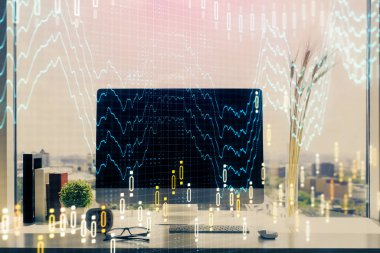 Kişisel bilgisayar arkaplanına çizilmiş borsa hologramı. Çifte maruziyet. Yatırım kavramı.