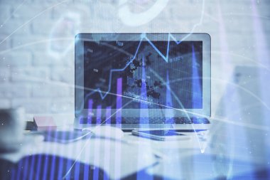 Bilgisayar geçmişi olan eski grafik hologramı. Çifte maruziyet. Finans piyasası kavramı.