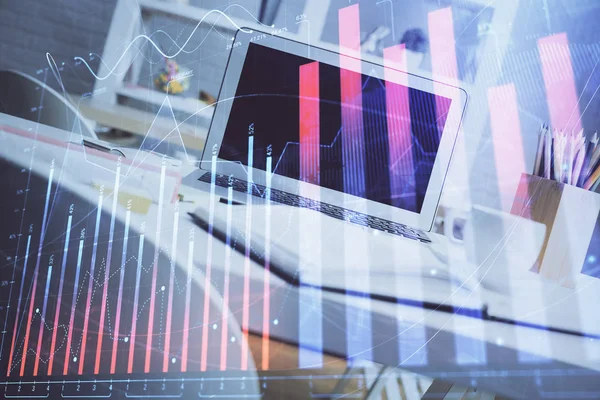 Stock market chart hologram drawn on personal computer background. Multi exposure. Concept of investment. — Stock Photo, Image