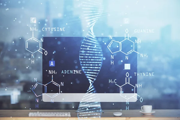 Desktop-Computer Hintergrund und DNA-Zeichnung. Doppelbelichtung. Wissenschaftskonzept. — Stockfoto