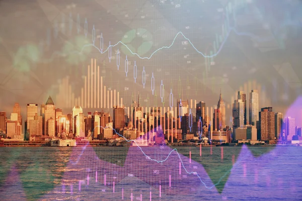 Diagrama de la divisa en paisaje urbano con edificios altos fondo multi exposición. Concepto de investigación financiera . —  Fotos de Stock