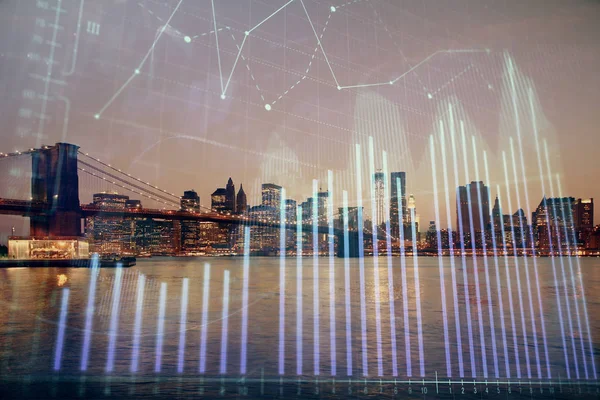 고층 건물 배경 이중 노출와 야간 도시 풍경에 금융 그래프. 분석 개념. — 스톡 사진