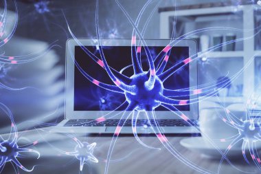 Masaüstü bilgisayar arkaplanı ve nöron çizimi. Çifte maruziyet. Eğitim kavramı.