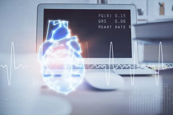Desktop computer background and heart drawing. Double exposure. Medical study and healthcare concept. — Stock Photo, Image