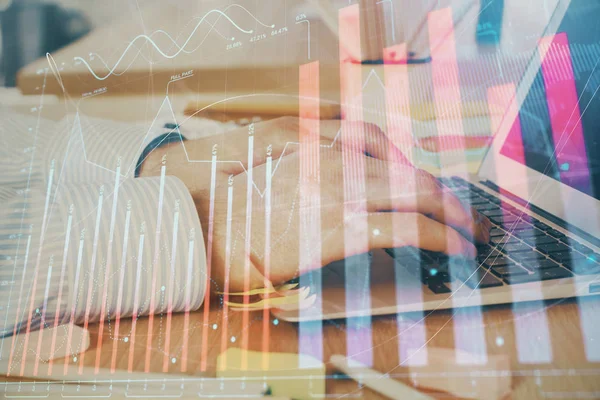 Multi exposure of stock market graph with man working on laptop on background. Concept of financial analysis. — Stock Photo, Image