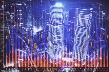 Yüksek binalar arka plan çok pozlama ile şehir scape mali grafik. Analiz kavramı.