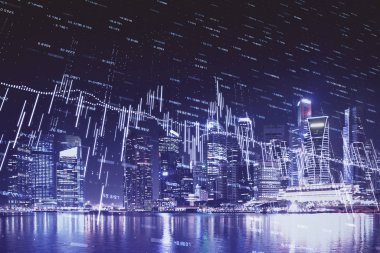 Yüksek binalar arka plan çok pozlama ile şehir scape mali grafik. Analiz kavramı.