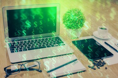 Finansal grafik renkli çizimler ve arka planda bilgisayar olan tablolar. Çoklu maruz kalma. Uluslararası pazarlar kavramı.